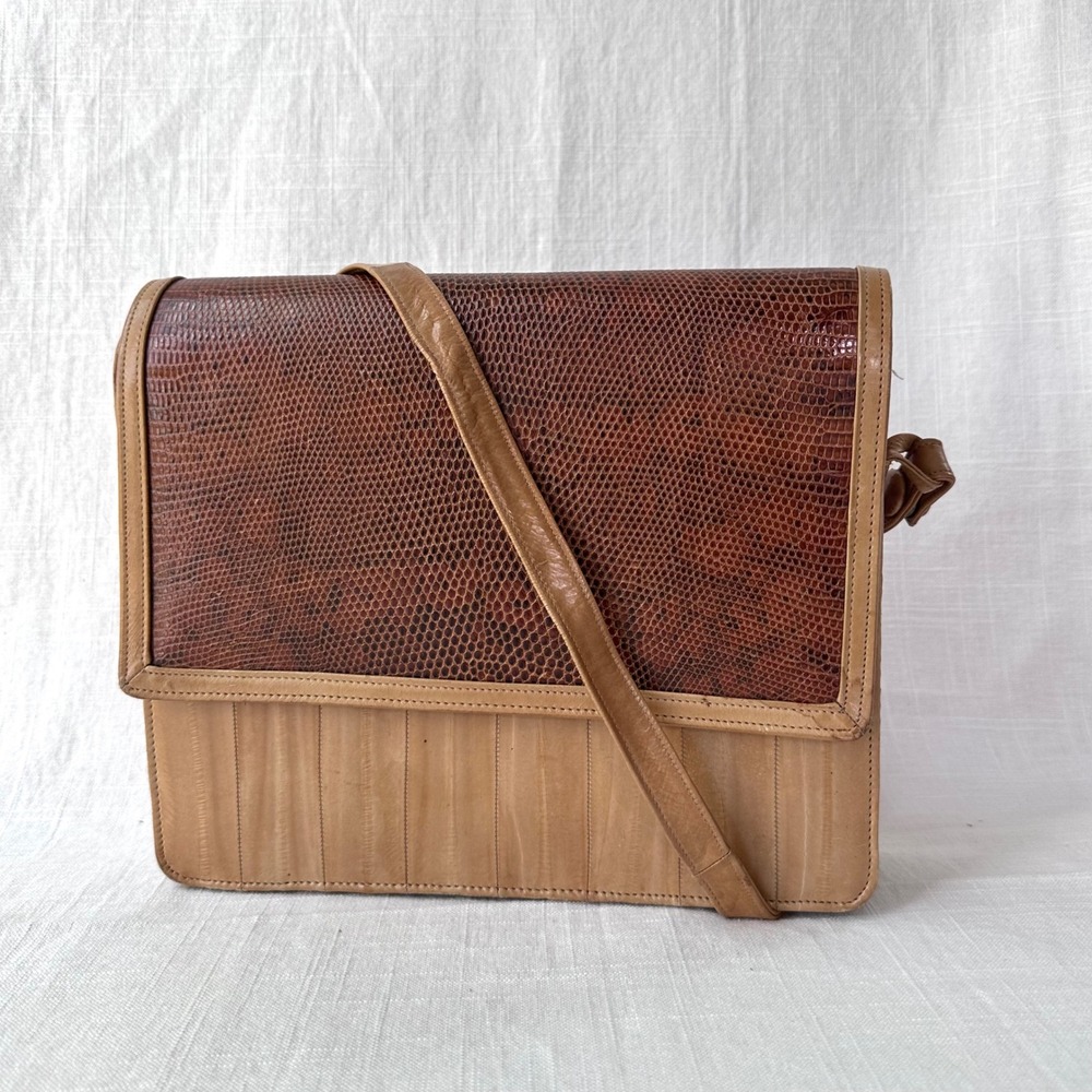 Vintage 80s Genuine Eel Skin Shoulder Bag Two Tone Tan Brown Korean Leather Bag